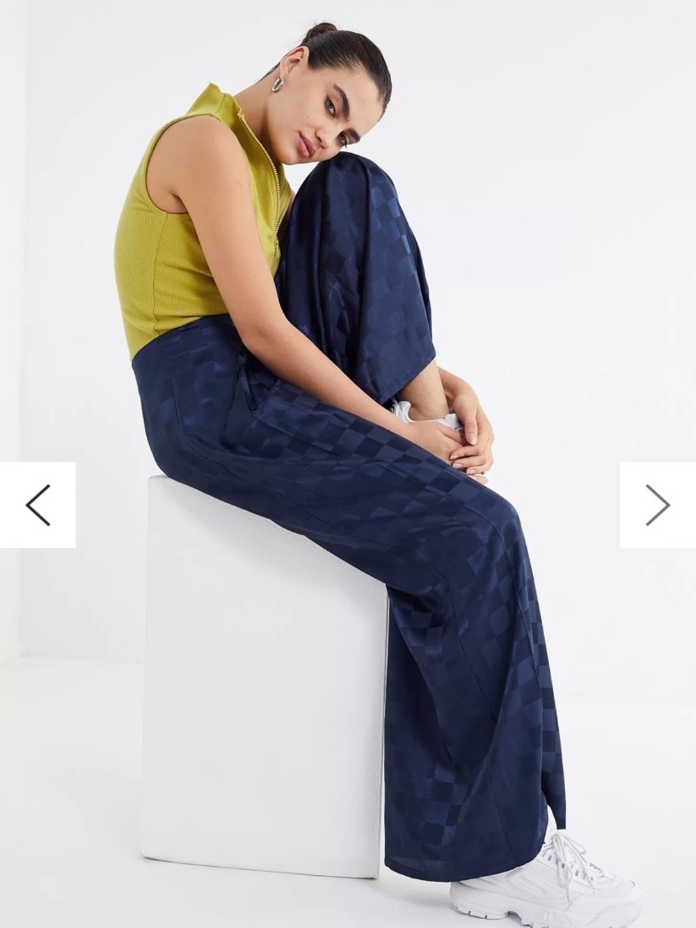 Urban Outfitters Navy Check Satin Wide-Leg Tie Waist Pants - Picture 3 of 5